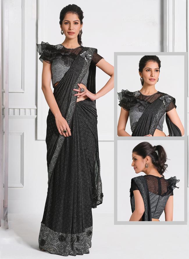 Lycra Black Wedding Wear Embroidery Work Ready To Wear Saree
